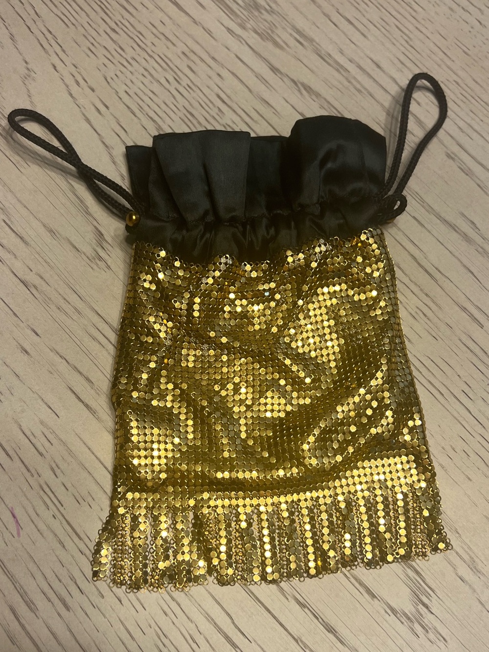 Vintage Gold Mesh Drawstring Pouch Evening Bag Small 1970s Whiting & Davis